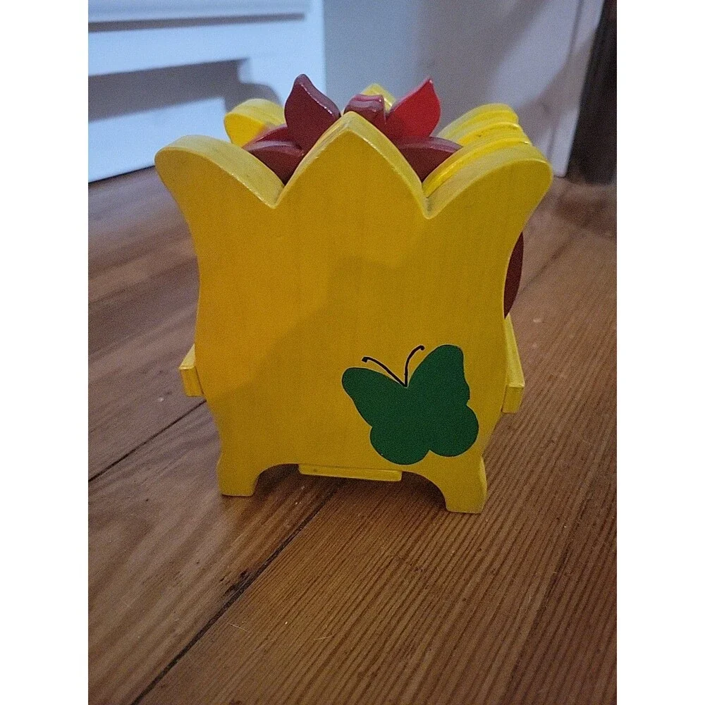 Vtg Tulip Apple Wooden Coaster Set Holder Yellow Red Country Farmhouse Butterfly